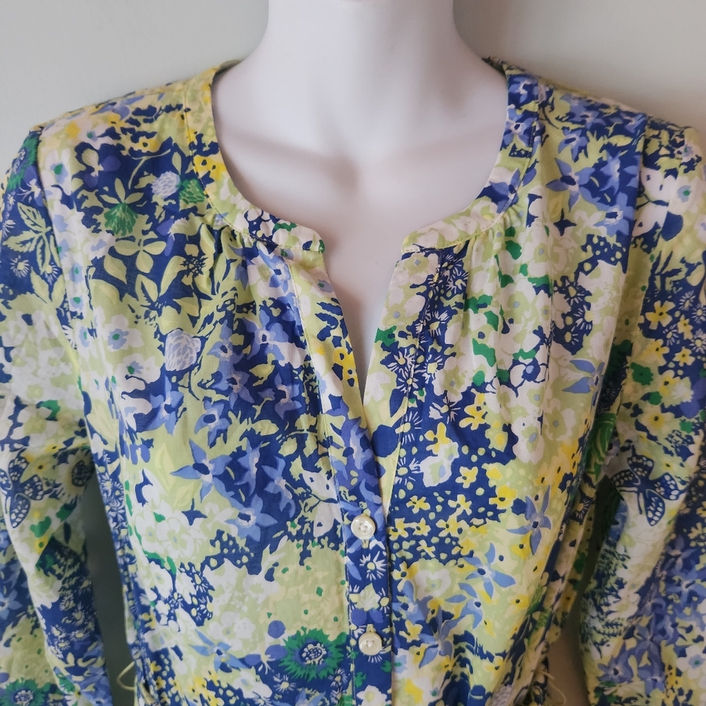 Floral Blue and Yellow Midi Dress with Tie Waist - Picture 5 of 10